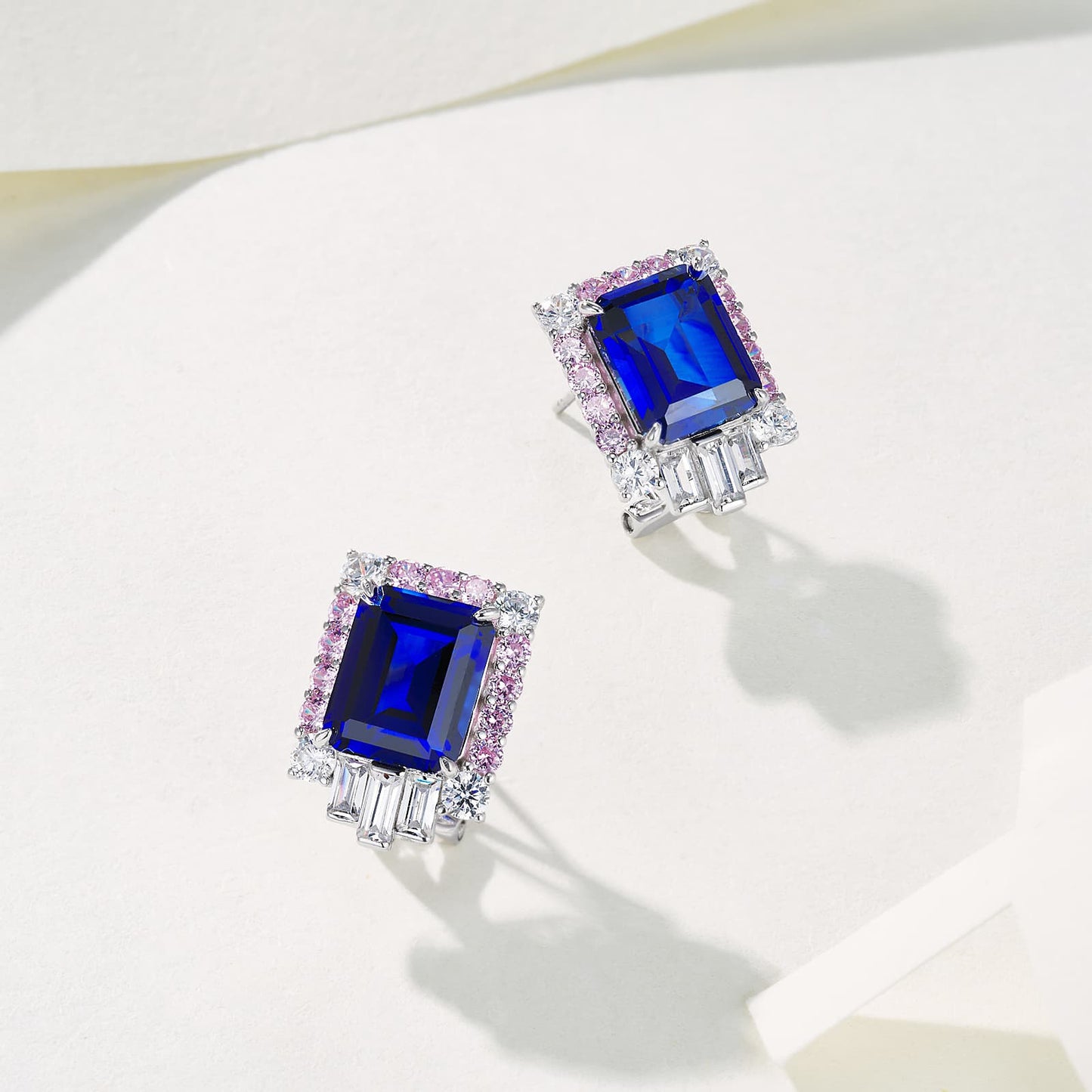 SQ-Shaped Lab Sapphire Earrings | Rhodium-Plated S925 Silver, Custom Available