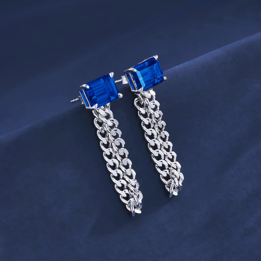 Baguette-Shaped Lab Sapphire Earrings | Rhodium-Plated S925 Silver, Custom Available