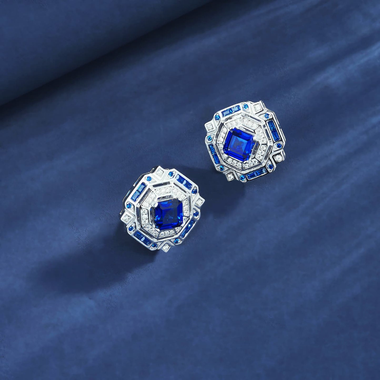 Cushion-Shaped Lab Sapphire Earrings | Rhodium-Plated S925 Silver, Custom Available