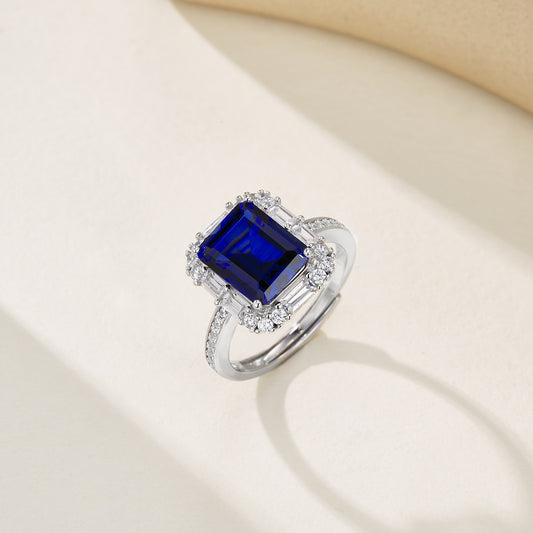 4.2ct Rectangle Lab Sapphire Ring | Rhodium-Plated S925 Silver, Custom Available