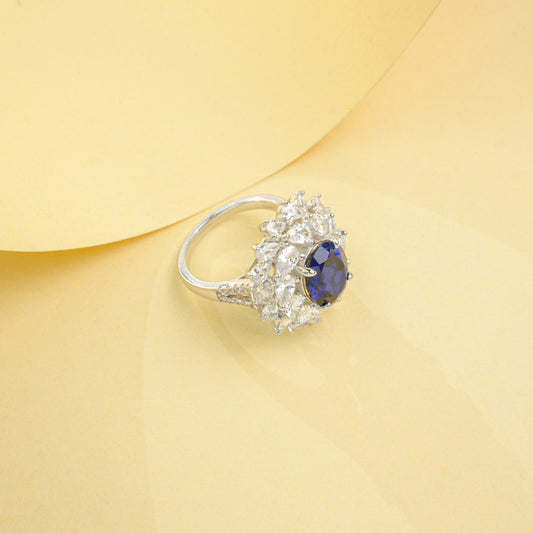 5.13ct Round Lab Sapphire Ring | Rhodium-Plated S925 Silver, Custom Available