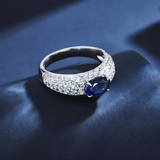Round Lab Sapphire Ring | Rhodium-Plated S925 Silver, Custom Available