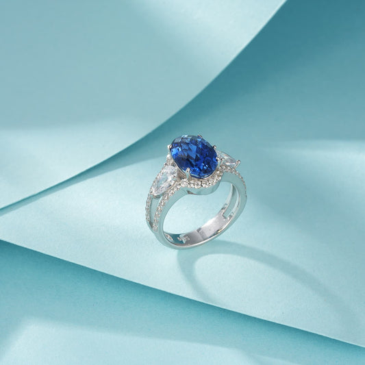 4.4ct Round Lab Sapphire Ring | Rhodium-Plated S925 Silver, Custom Available