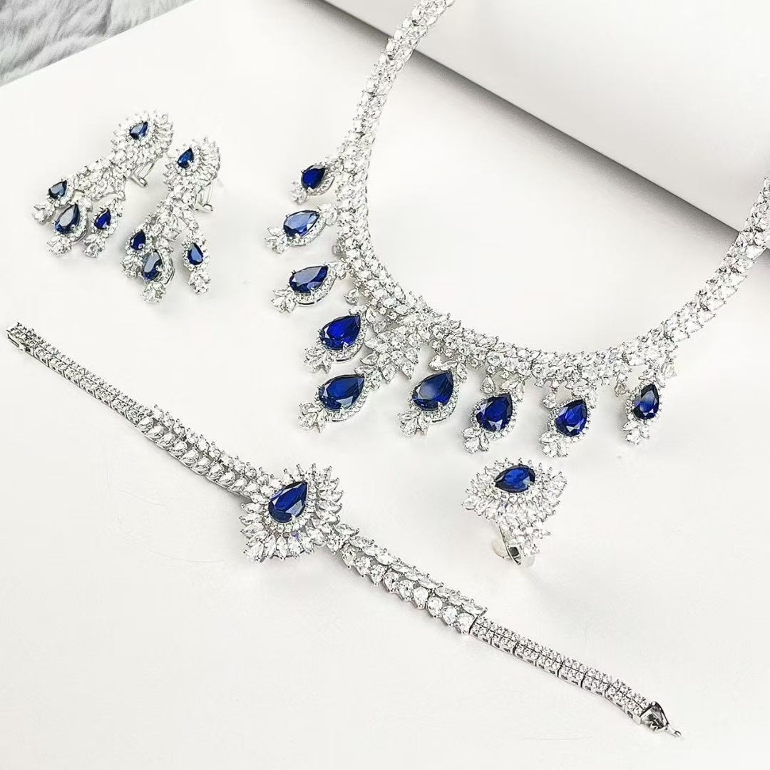 Pear Lab Sapphire Jewelry Set | Rhodium-Plated S925 Silver, Custom Available
