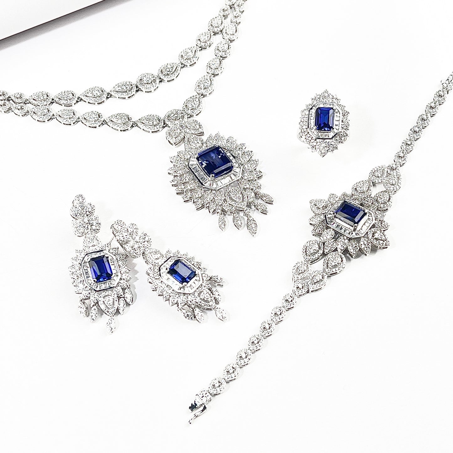 Cushion Lab Sapphire Jewelry Set | Rhodium-Plated S925 Silver, Custom Available