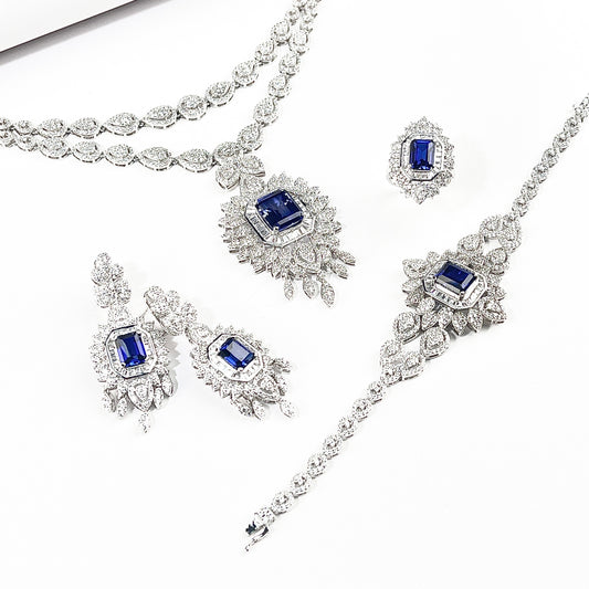 Cushion Lab Sapphire Jewelry Set | Rhodium-Plated S925 Silver, Custom Available