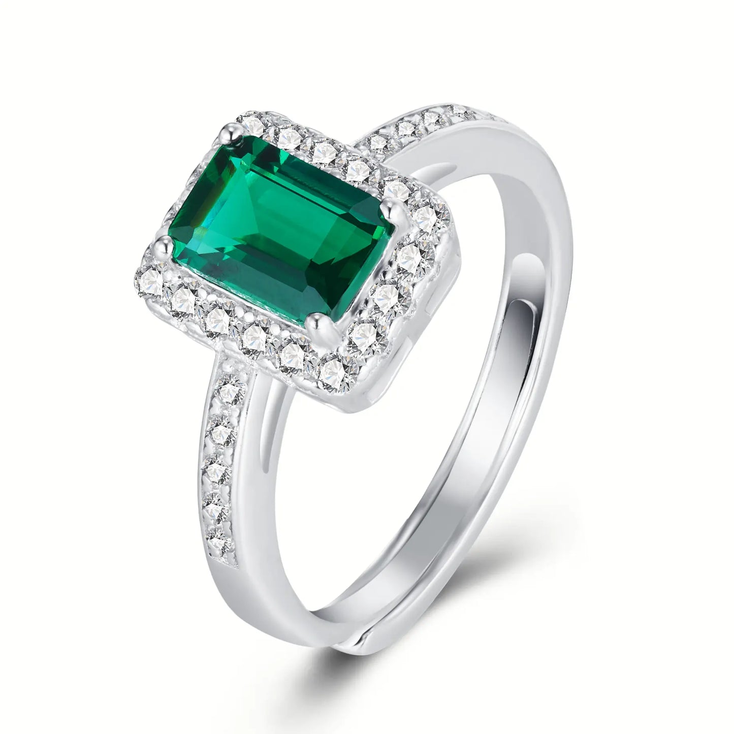 0.85 Ct Rectangle Lab Emerald Ring | Rhodium-Plated S925 Silver, Custom Available