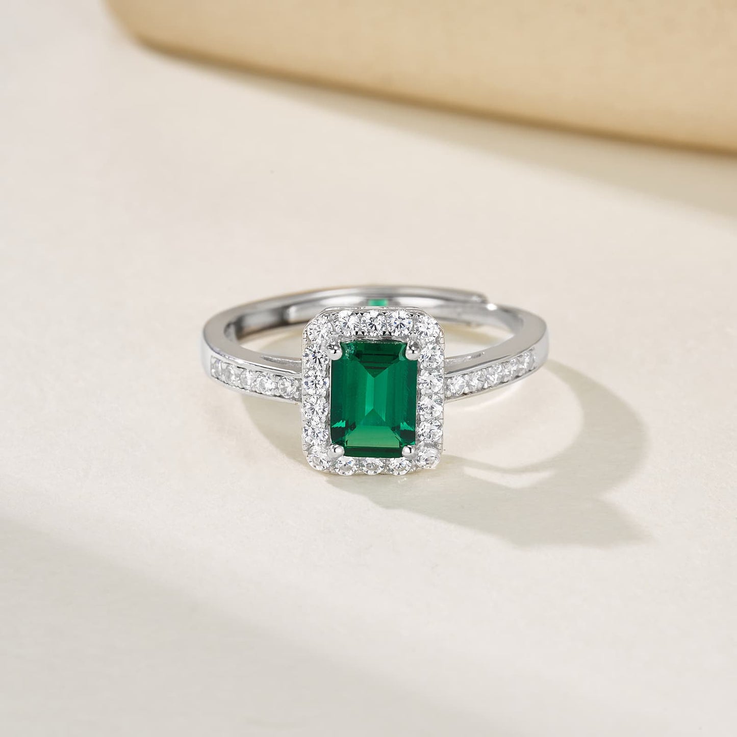 0.85 Ct Rectangle Lab Emerald Ring | Rhodium-Plated S925 Silver, Custom Available