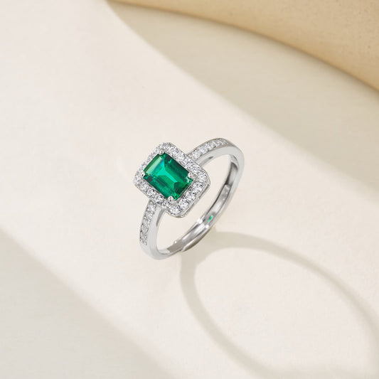 0.85 Ct Rectangle Lab Emerald Ring | Rhodium-Plated S925 Silver, Custom Available