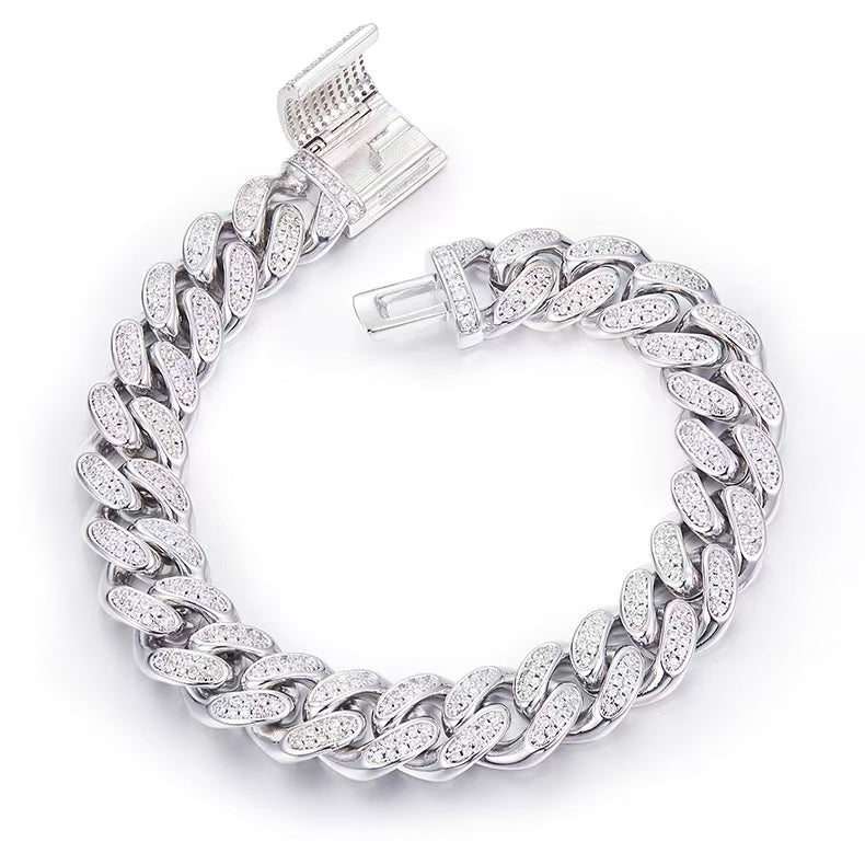 12mm width Mossanite Cuban Chain Bracelet  Necklace|White Gold-Plated S925 Silver, Custom Available