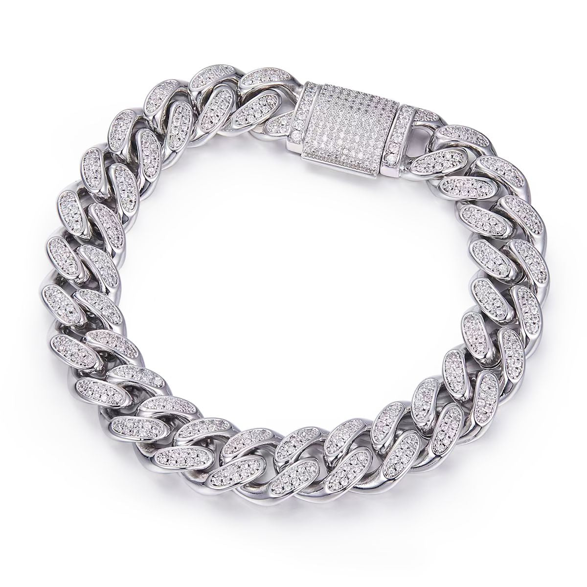 12mm width Mossanite Cuban Chain Bracelet  Necklace|White Gold-Plated S925 Silver, Custom Available