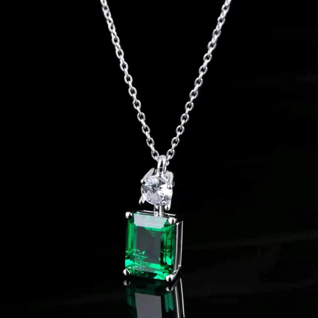 2.9 Ct Rectangular Lab Emerald Necklace| Rhodium-Plated S925 Silver, Custom Available