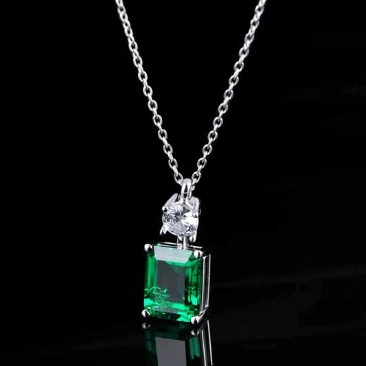 2.9 Ct Rectangular Lab Emerald Necklace| Rhodium-Plated S925 Silver, Custom Available