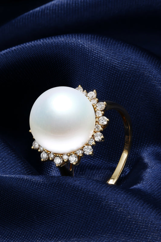11.4mm Round Saltwater Pearl Ring | Pearl 18K Gold Ring, Custom Available