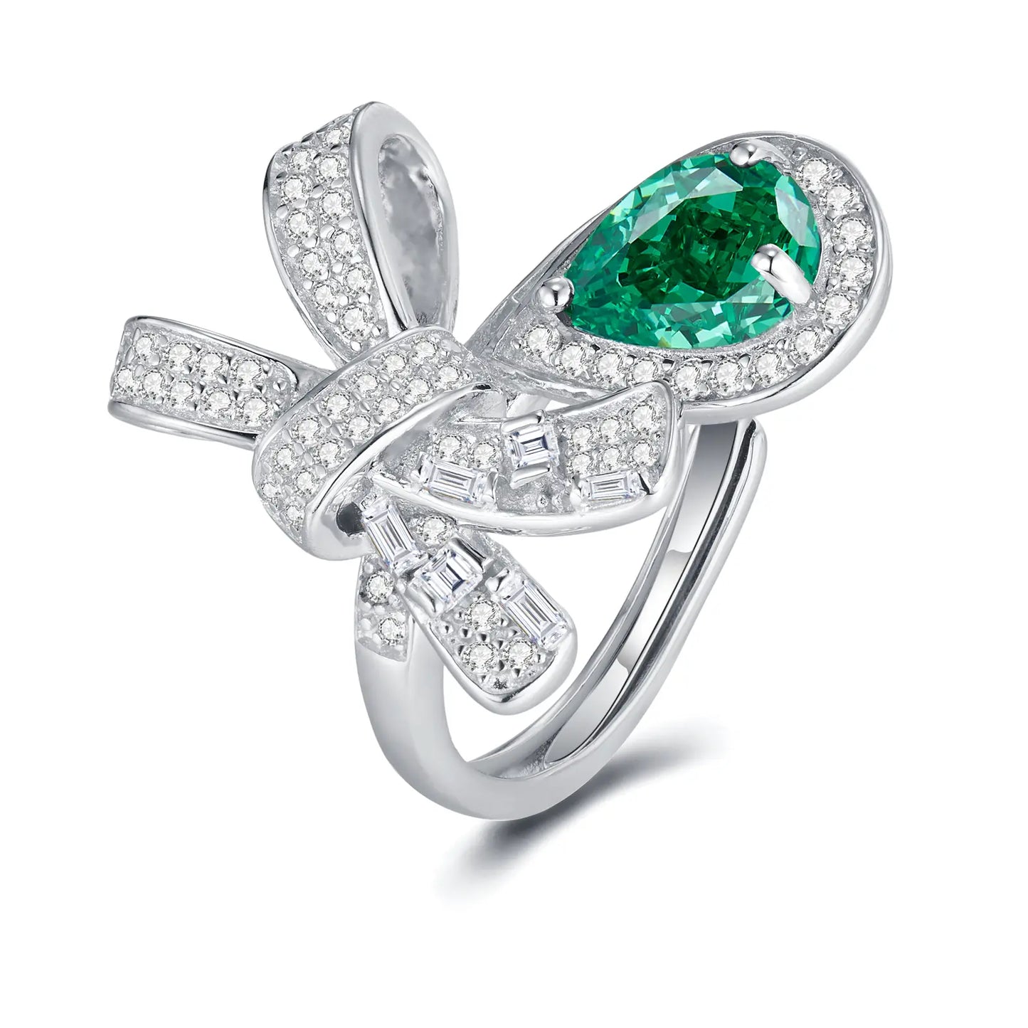 6*8mm 1Ct Pear Shaped Lab Emerald Ring | Rhodium-Plated S925 Silver, Custom Available
