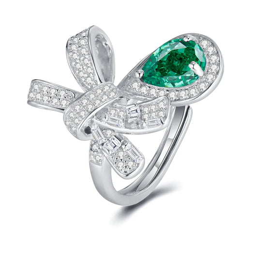 6*8mm 1Ct Pear Shaped Lab Emerald Ring | Rhodium-Plated S925 Silver, Custom Available