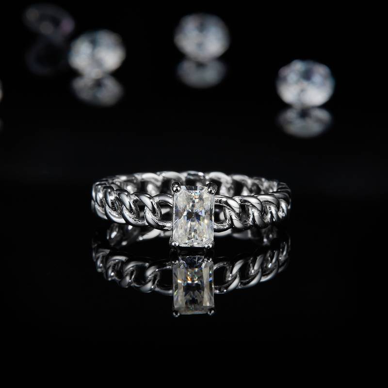 0.8Ct Rectangle Mossanite Cuban Chain Ring | White Gold-Plated S925 Silver, Custom Available