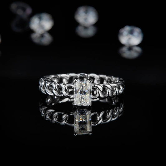 0.8Ct Rectangle Mossanite Cuban Chain Ring | White Gold-Plated S925 Silver, Custom Available