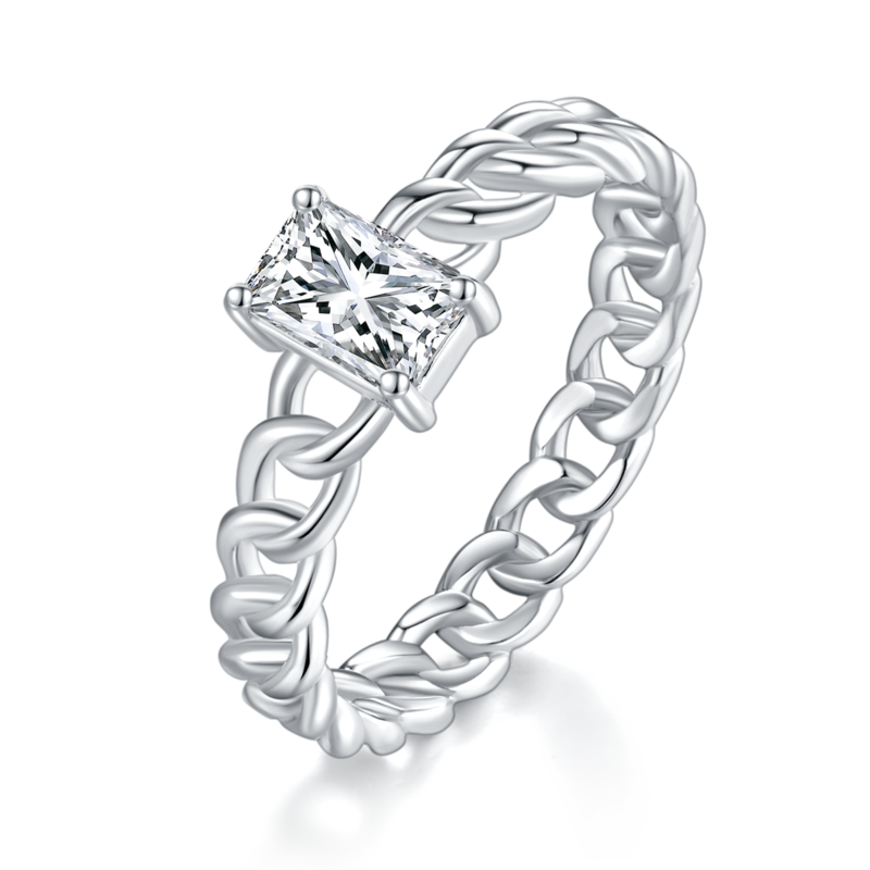 0.8Ct Rectangle Mossanite Cuban Chain Ring | White Gold-Plated S925 Silver, Custom Available