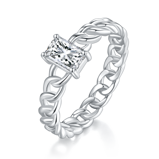 0.8Ct Rectangle Mossanite Cuban Chain Ring | White Gold-Plated S925 Silver, Custom Available