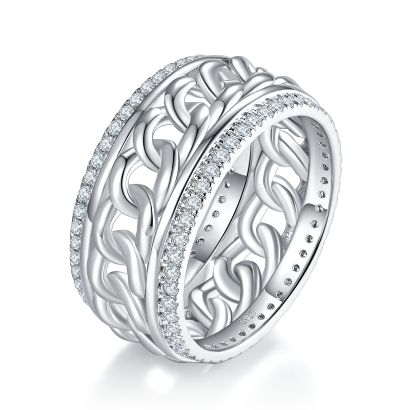 0.77Ct Round Mossanite Cuban Chain Men Ring |18K White Gold-Plated S925 Silver, Custom Available