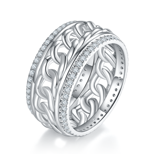 0.77Ct Round Mossanite Cuban Chain Men Ring |18K White Gold-Plated S925 Silver, Custom Available