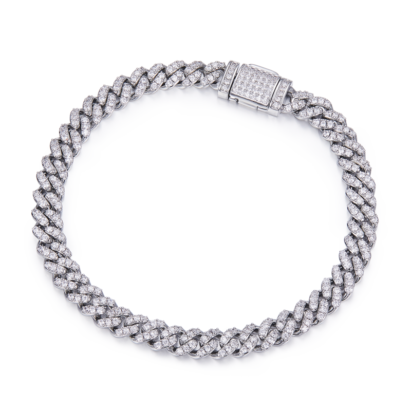 6mm width Mossanite Cuban Chain Bracelet Necklace|18K White Gold-Plated S925 Silver, Custom Available
