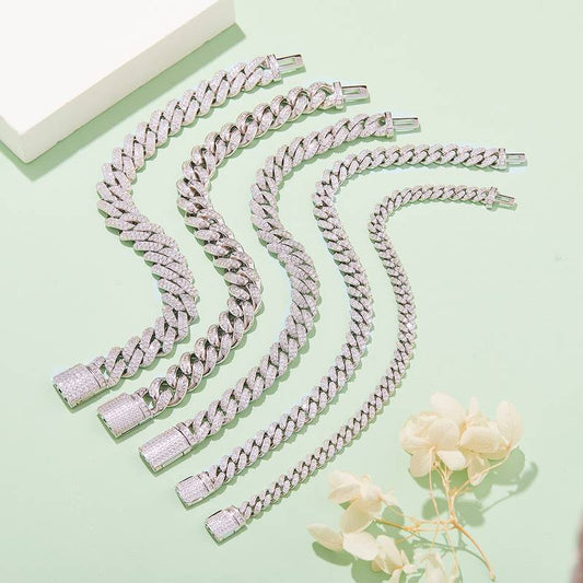6mm width Mossanite Cuban Chain Bracelet Necklace|18K White Gold-Plated S925 Silver, Custom Available
