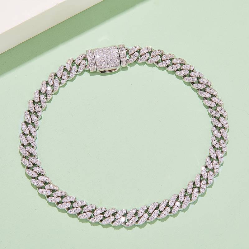 8mm Width Mossanite Cuban Chain Bracelet Necklace|18K White Gold-Plated S925 Silver, Custom Available