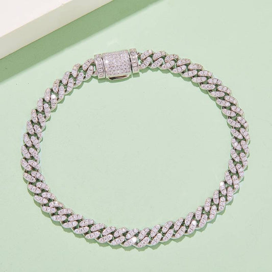 8mm Width Mossanite Cuban Chain Bracelet Necklace|18K White Gold-Plated S925 Silver, Custom Available