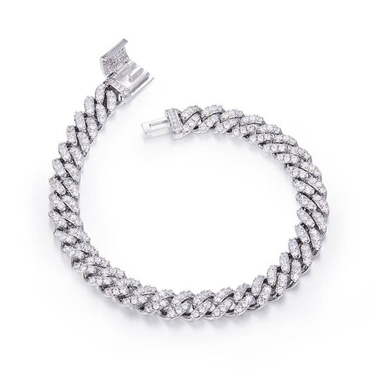 8mm Width Mossanite Cuban Chain Bracelet Necklace|18K White Gold-Plated S925 Silver, Custom Available