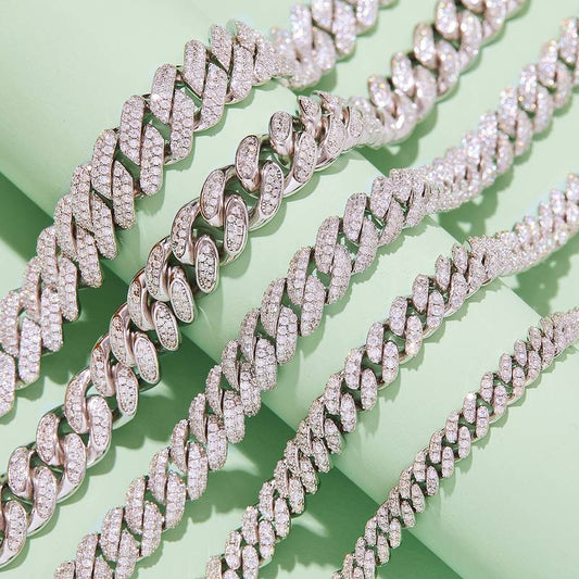 10mm width Mossanite Cuban Chain Bracelet  Necklace|18K White Gold-Plated S925 Silver, Custom Available