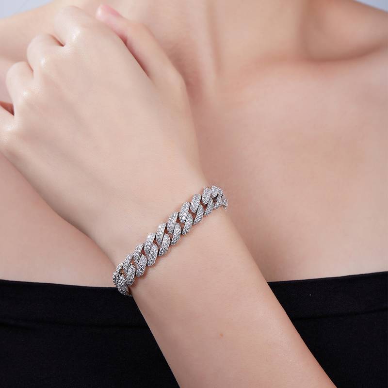 10mm width Mossanite Cuban Chain Bracelet  Necklace|18K White Gold-Plated S925 Silver, Custom Available