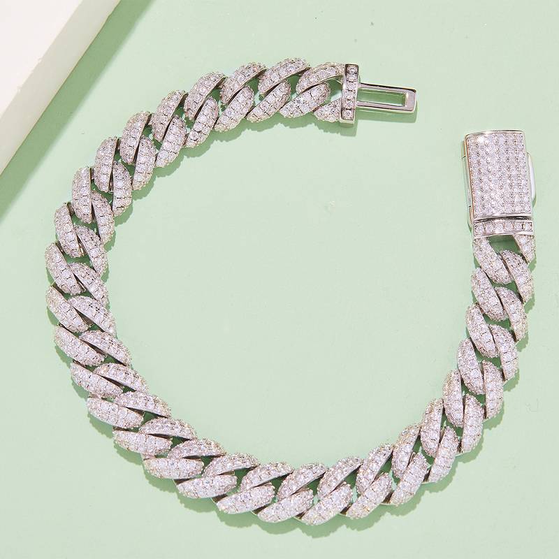 10mm width Mossanite Cuban Chain Bracelet  Necklace|18K White Gold-Plated S925 Silver, Custom Available
