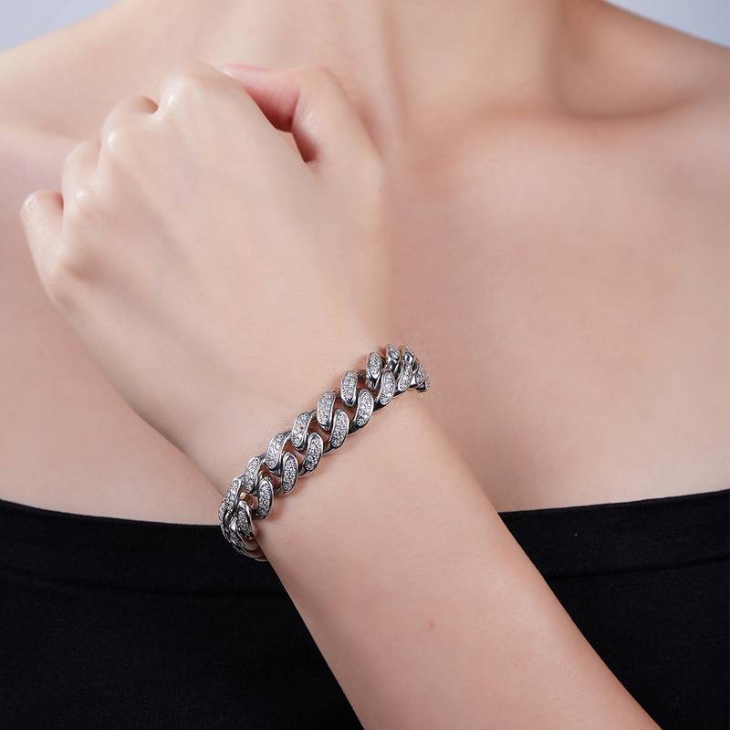 12mm width Mossanite Cuban Chain Bracelet  Necklace|White Gold-Plated S925 Silver, Custom Available