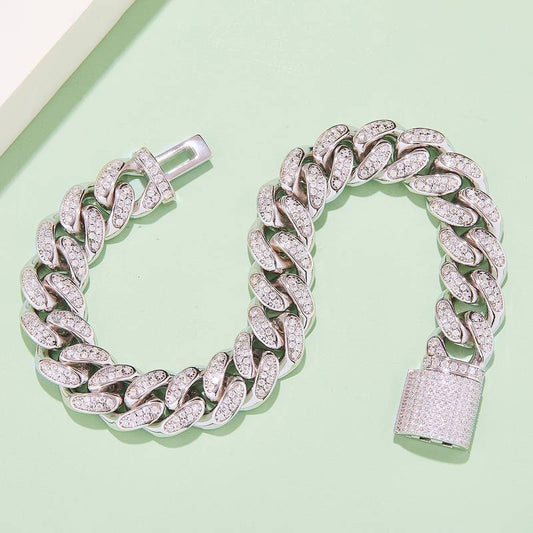 12mm width Mossanite Cuban Chain Bracelet  Necklace|White Gold-Plated S925 Silver, Custom Available
