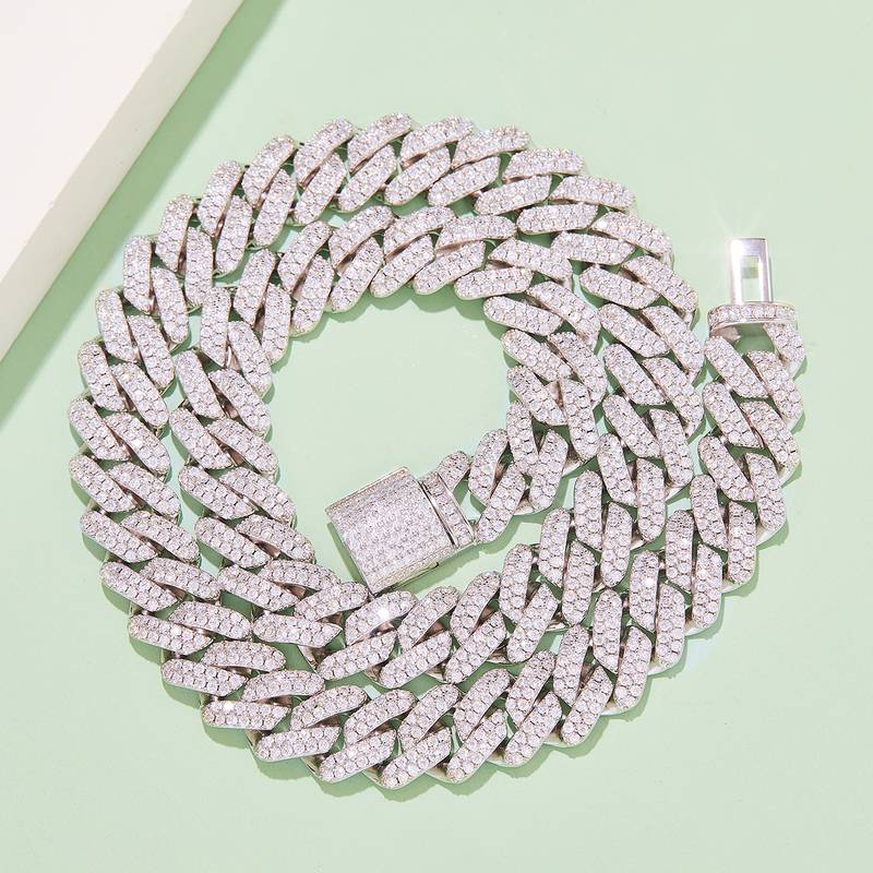 14mm width Mossanite Cuban Chain Bracelet Necklace|18K White Gold-Plated S925 Silver, Custom Available