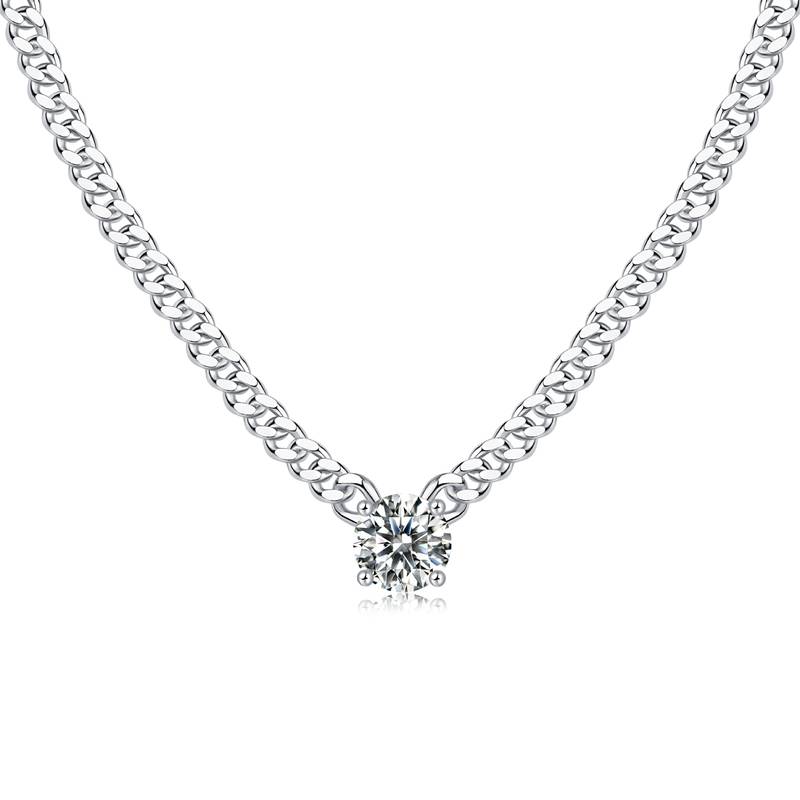 1 Ct Round Mossanite Cuban Chain Necklace |18K White Gold-Plated S925 Silver, Custom Available