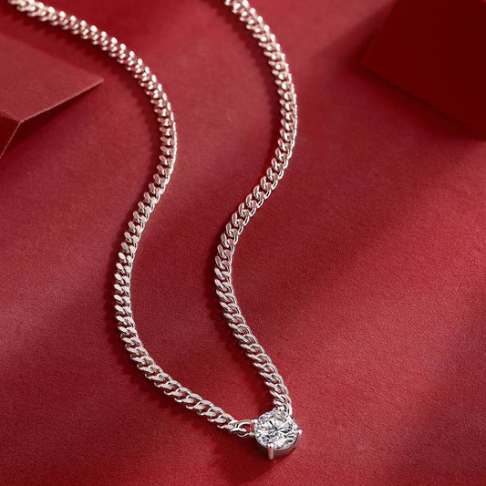 1 Ct Round Mossanite Cuban Chain Necklace |18K White Gold-Plated S925 Silver, Custom Available