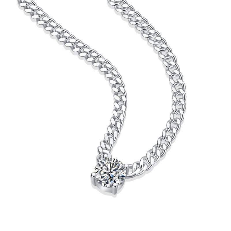 1 Ct Round Mossanite Cuban Chain Necklace |18K White Gold-Plated S925 Silver, Custom Available