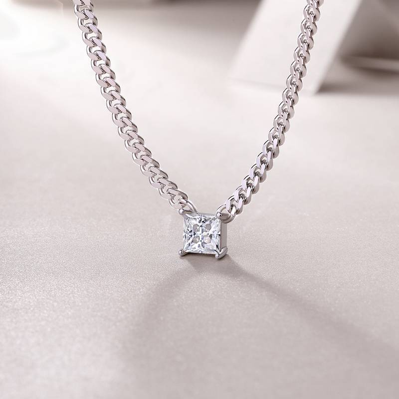 1 Ct Princess Cut Square Mossanite Necklace |18K White Gold-Plated S925 Silver, Custom Available