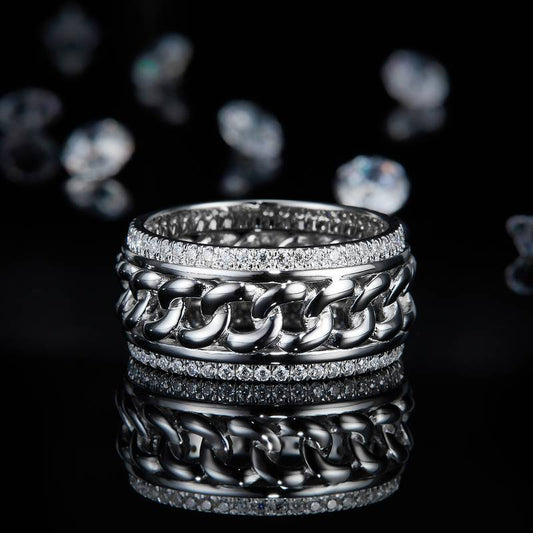0.77Ct Round Mossanite Cuban Chain Men Ring |18K White Gold-Plated S925 Silver, Custom Available
