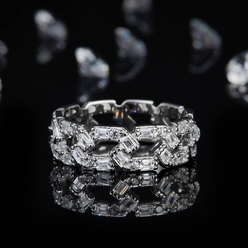 1.62Ct Round Mossanite Cuban Chain Ring |18K White Gold-Plated S925 Silver, Custom Available