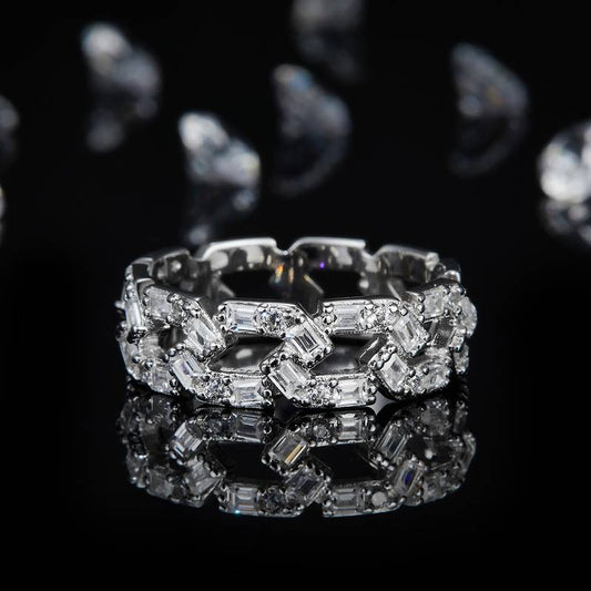 1.62Ct Round Mossanite Cuban Chain Ring |18K White Gold-Plated S925 Silver, Custom Available