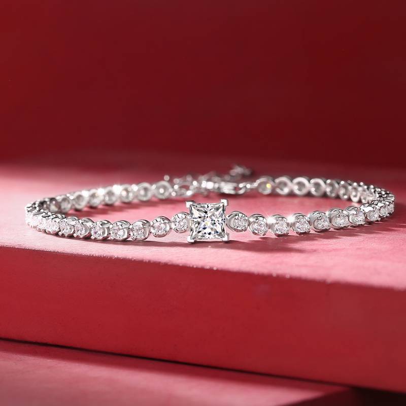 1.0Ct Princess Cut Square Mossanite Bracelet |18K White Gold-Plated S925 Silver, Custom Available