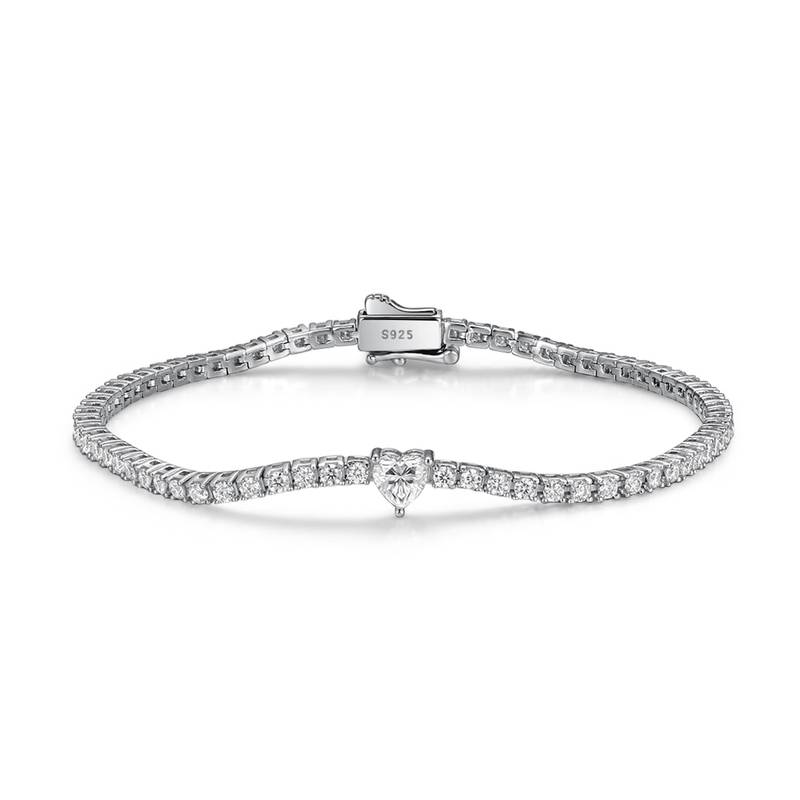 2.42Ct Heart Mossanite Tennis Bracelet White Gold-Plated S925 Silver, Custom Available