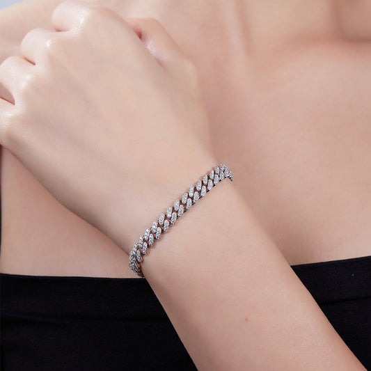 6mm width Mossanite Cuban Chain Bracelet Necklace|18K White Gold-Plated S925 Silver, Custom Available