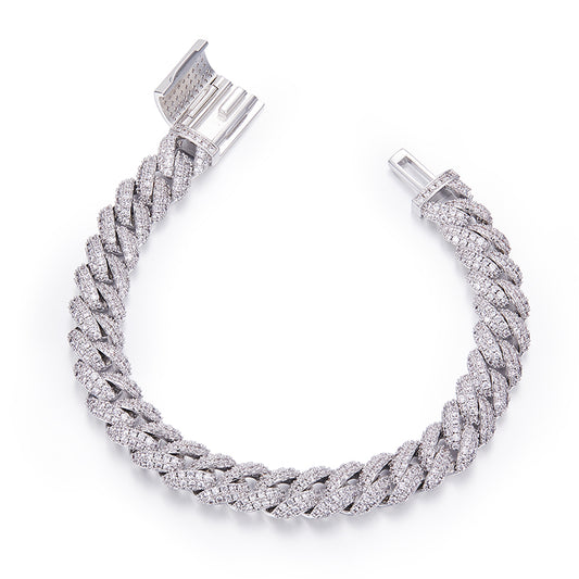 10mm width Mossanite Cuban Chain Bracelet  Necklace|18K White Gold-Plated S925 Silver, Custom Available