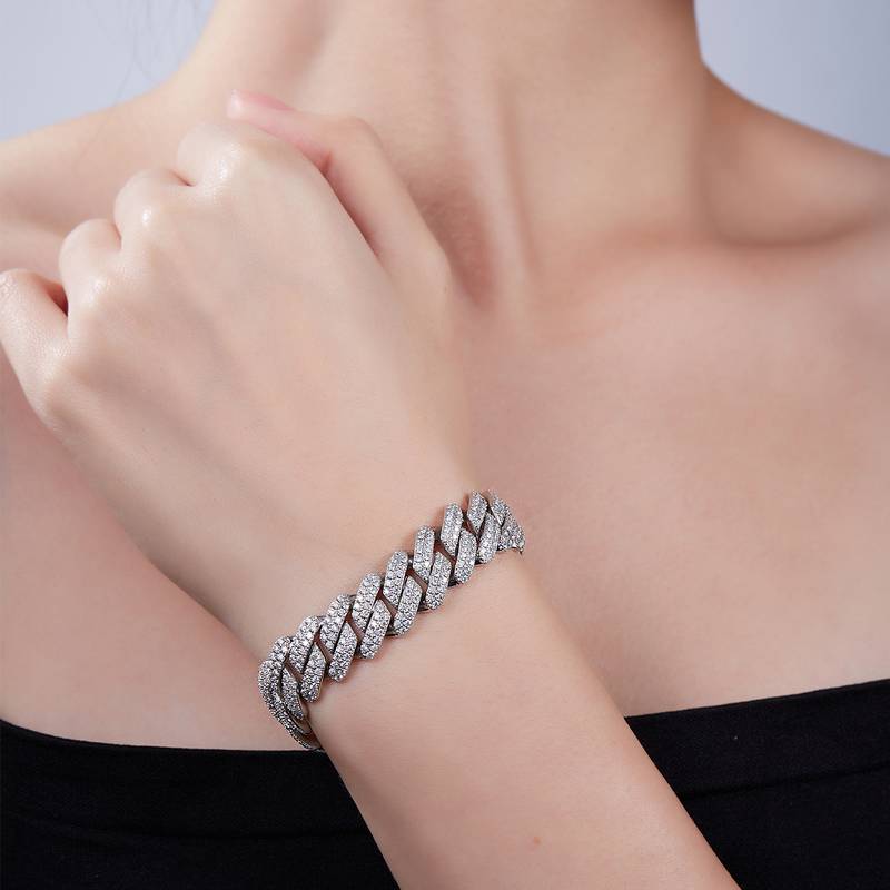 14mm width Mossanite Cuban Chain Bracelet Necklace|18K White Gold-Plated S925 Silver, Custom Available