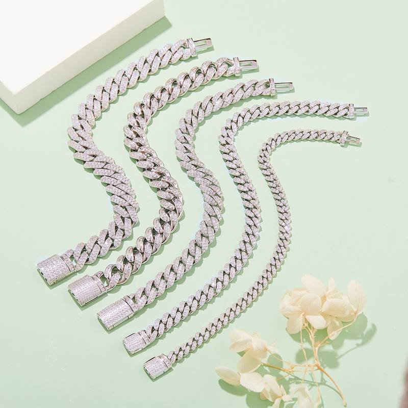 14mm width Mossanite Cuban Chain Bracelet Necklace|18K White Gold-Plated S925 Silver, Custom Available